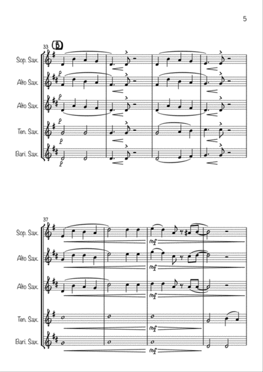 Jingle Bells Jazzy (For saxophone Quintet) Saxophone Quintet scores gallery preview page 5