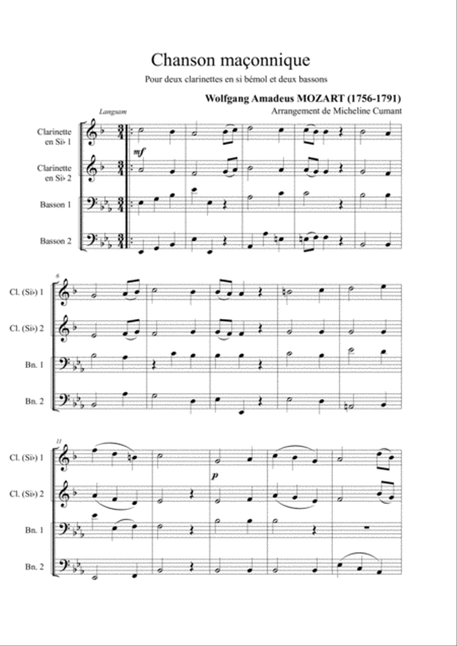 Mozart : Chanson maçonnique pour 2 clarinettes et 2 bassons Woodwind Quartet scores gallery preview page 1