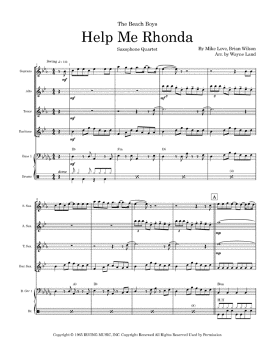 Help Me Rhonda Saxophone Quartet scores gallery preview page 2