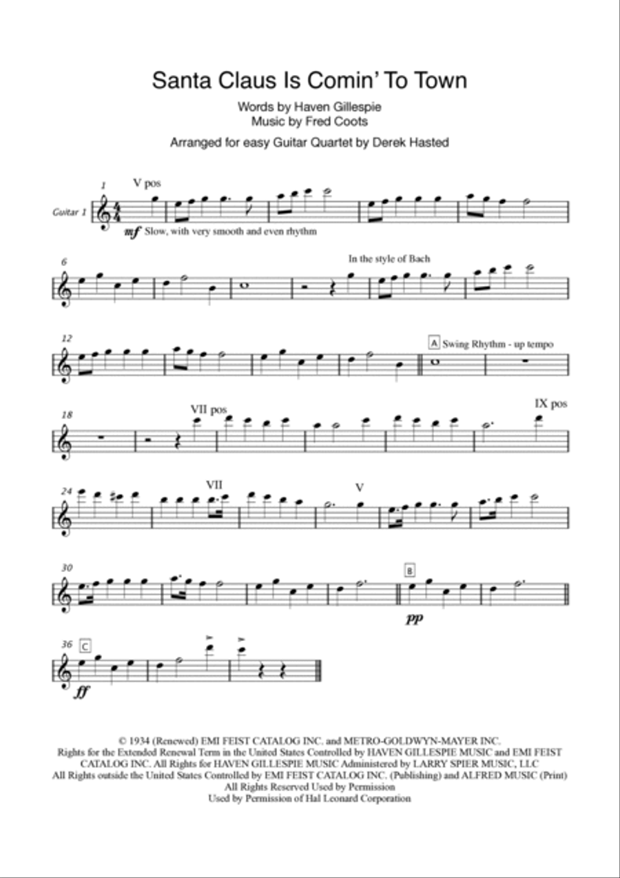 Santa Claus Is Comin' To Town Guitar Ensemble scores gallery preview page 3