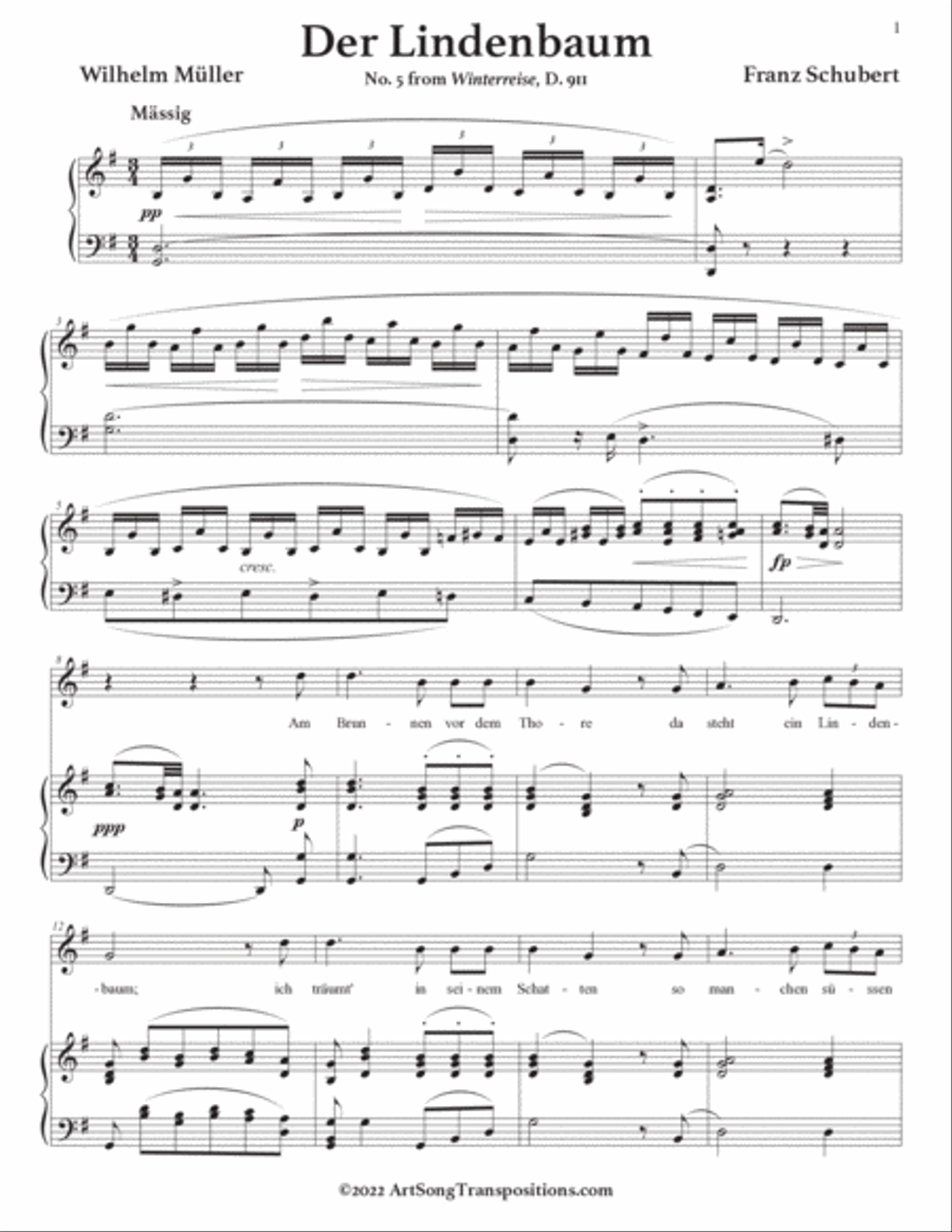 SCHUBERT: Der Lindenbaum, D. 911 no. 5 (transposed to G major) Voice scores gallery preview page 2