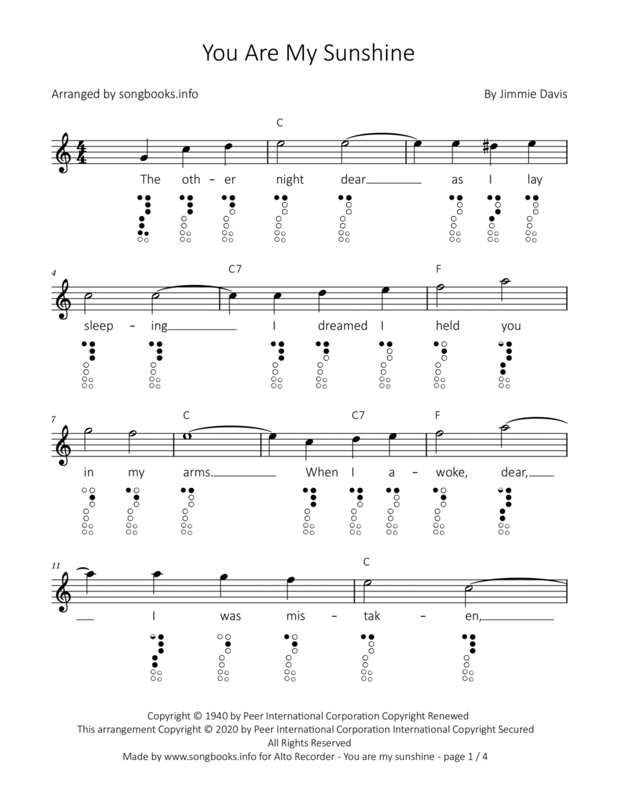 You Are My Sunshine Alto Recorder scores gallery preview page 1