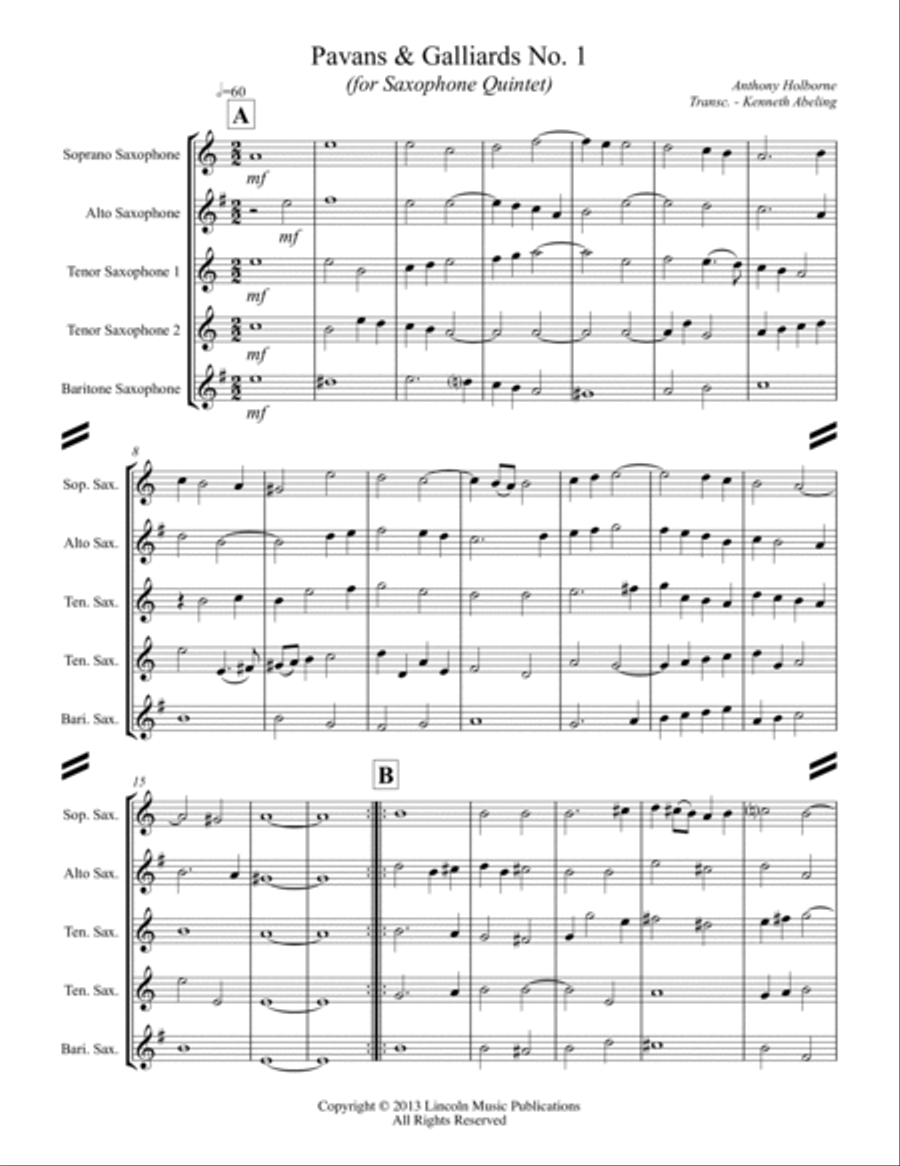 Holborne - 10 Pavans and Galliards (for Saxophone Quintet SATTB or AATTB) Saxophone Quintet scores gallery preview page 2