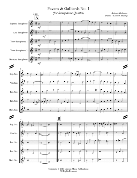 Holborne - 10 Pavans and Galliards (for Saxophone Quintet SATTB or AATTB) image number null