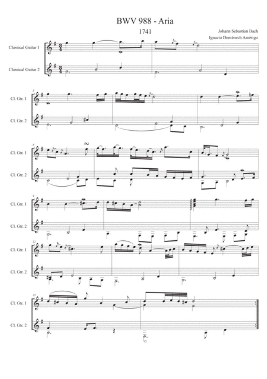 Aria and 1. var. Goldberg for two guitars, J. S. Bach, Arg. Domenechamerigo Classical Guitar scores gallery preview page 2