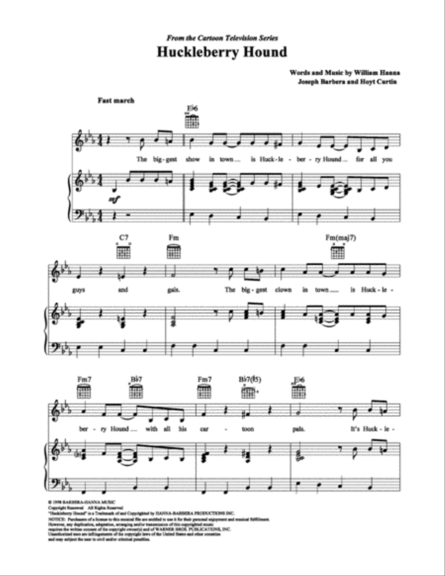 Huckleberry Hound Huckleberry Hound Piano, Vocal, Guitar scores gallery preview page 1