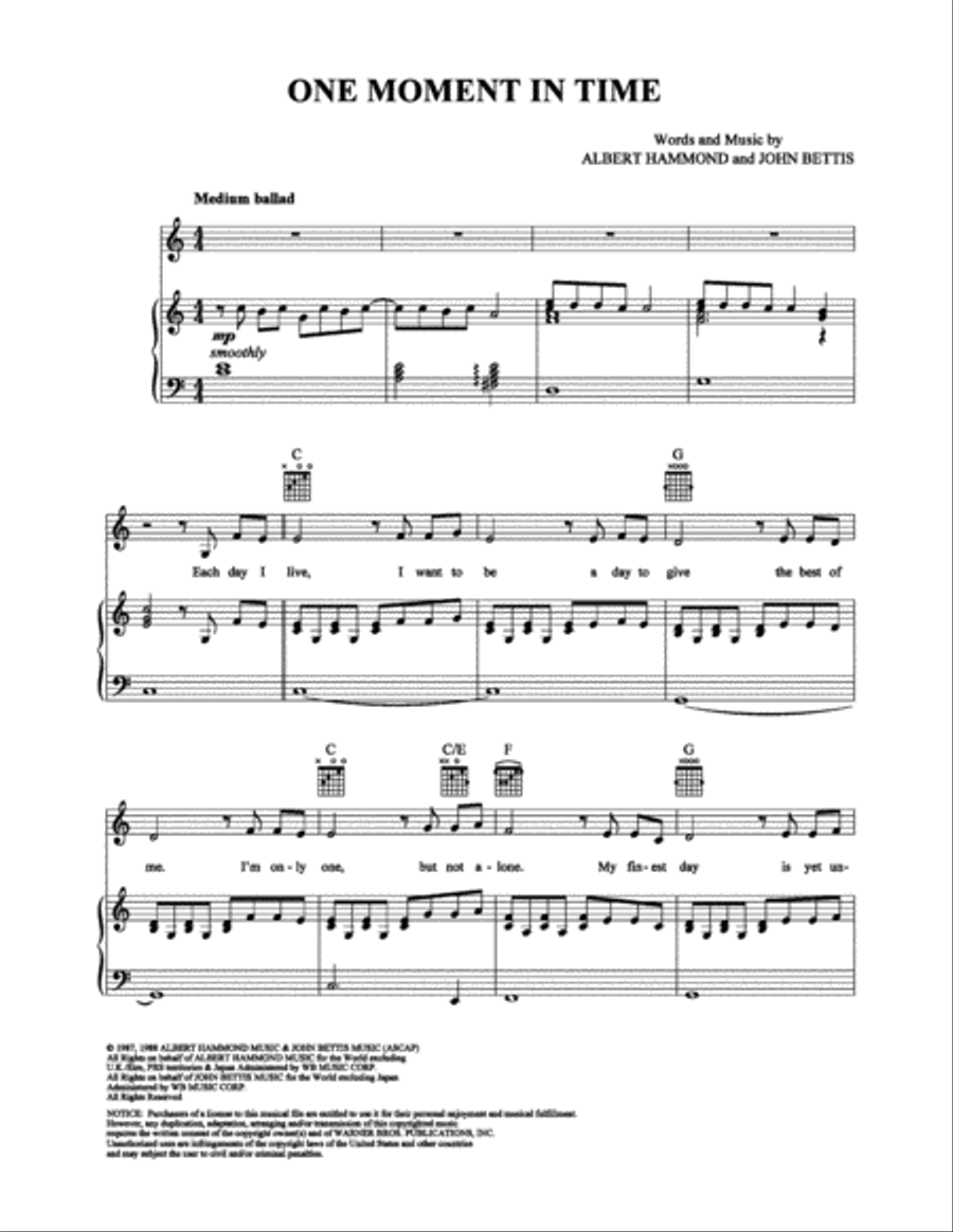 One Moment In Time Piano, Vocal, Guitar scores gallery preview page 1