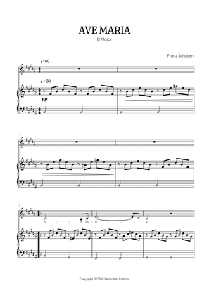 Schubert Ave Maria in B Major • alto voice sheet music with easy piano accompaniment