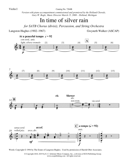 In time of silver rain: from I've Known Rivers (String Orchestra/Percussion Parts)