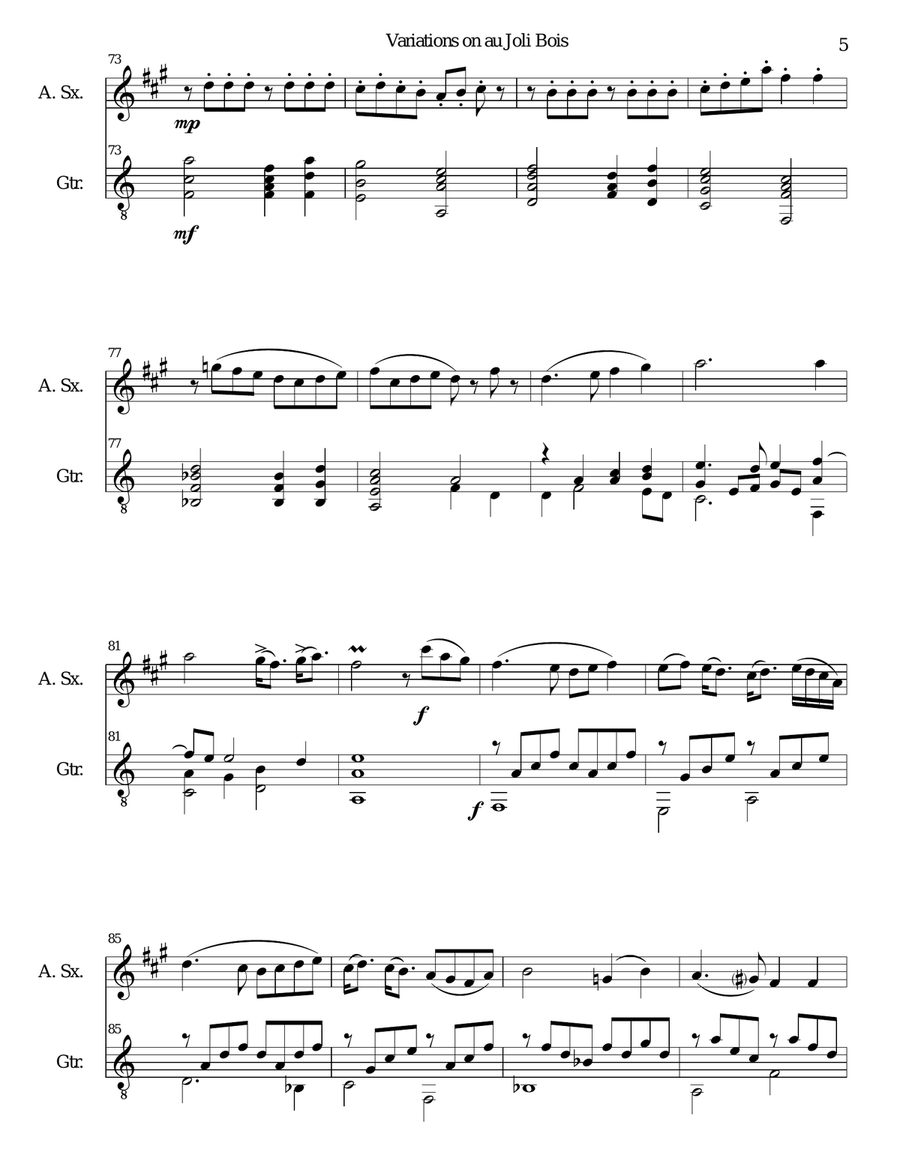 Variations on au Joli Bois for alto saxophone and guitar Alto Saxophone scores gallery preview page 5