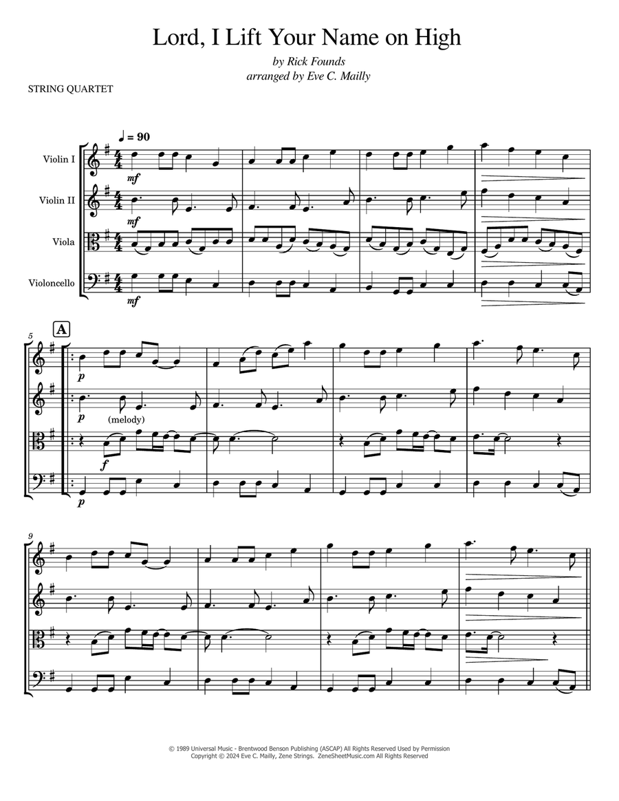 Lord, I Lift Your Name On High String Quartet scores gallery preview page 1