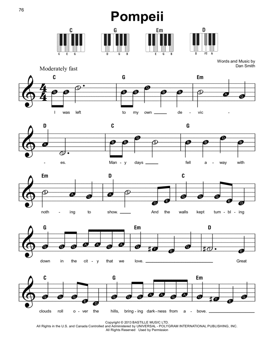 Pompeii Easy Piano scores gallery preview page 1