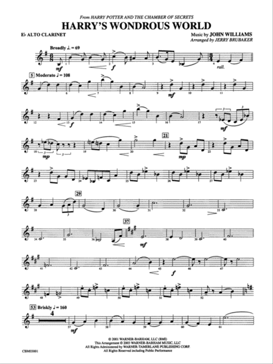 Harry's Wondrous World (from Harry Potter and the Chamber of Secrets): E-flat Alto Clarinet Concert Band scores gallery preview page 1