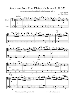 Romanze from Eine Kleine Nachtmusik, K.525, for cello duo with original cello part