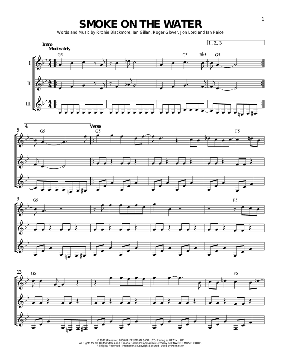Smoke On The Water Guitar Ensemble scores gallery preview page 1