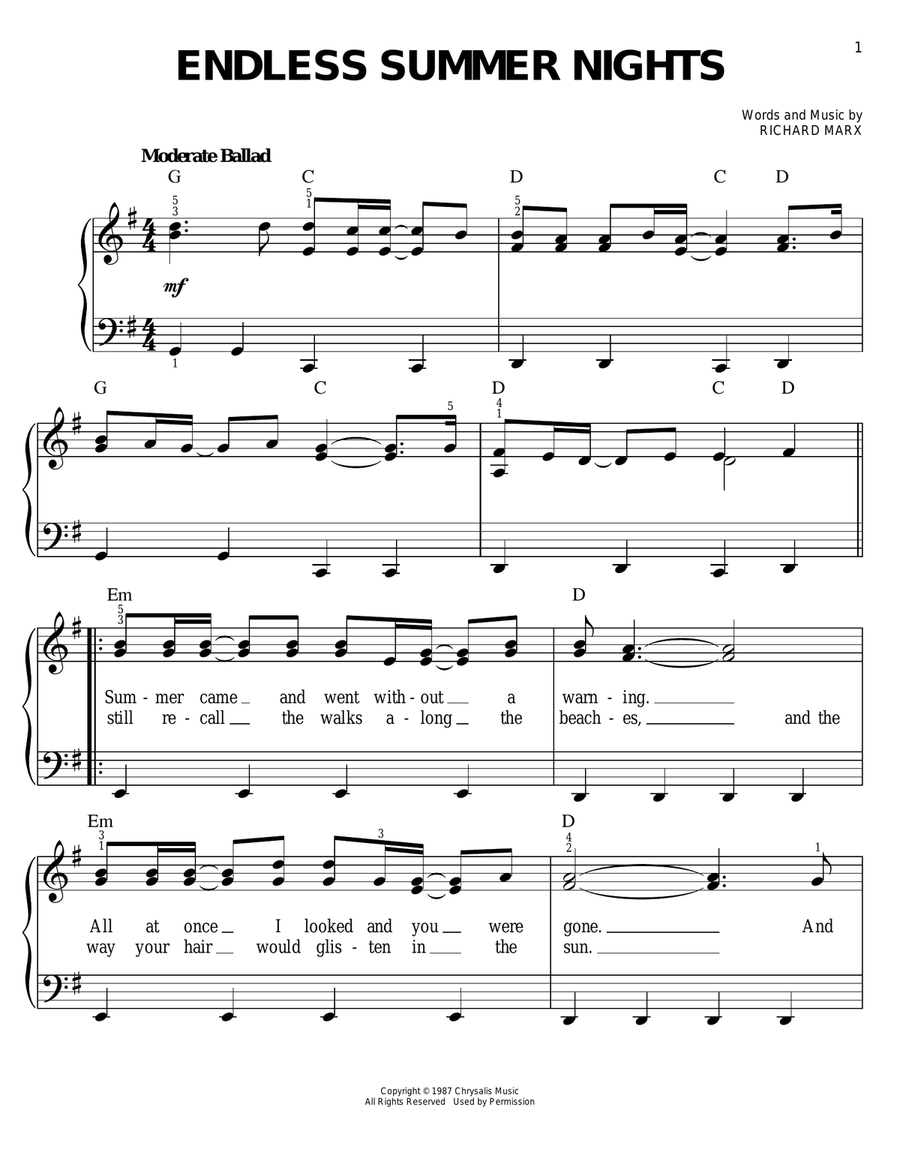 Endless Summer Nights Easy Piano scores gallery preview page 1