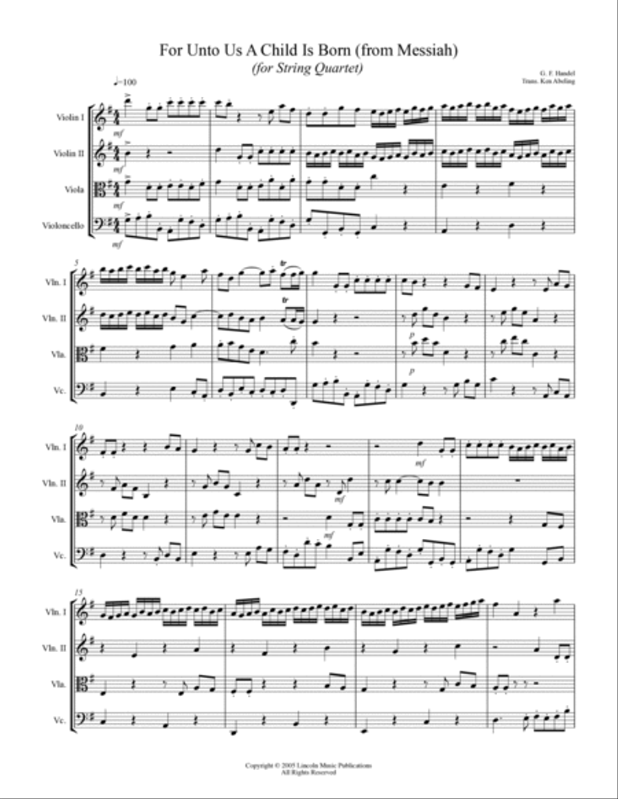 Handel - For Unto Us a Child is Born from Messiah (for String Quartet) String Quartet scores gallery preview page 2