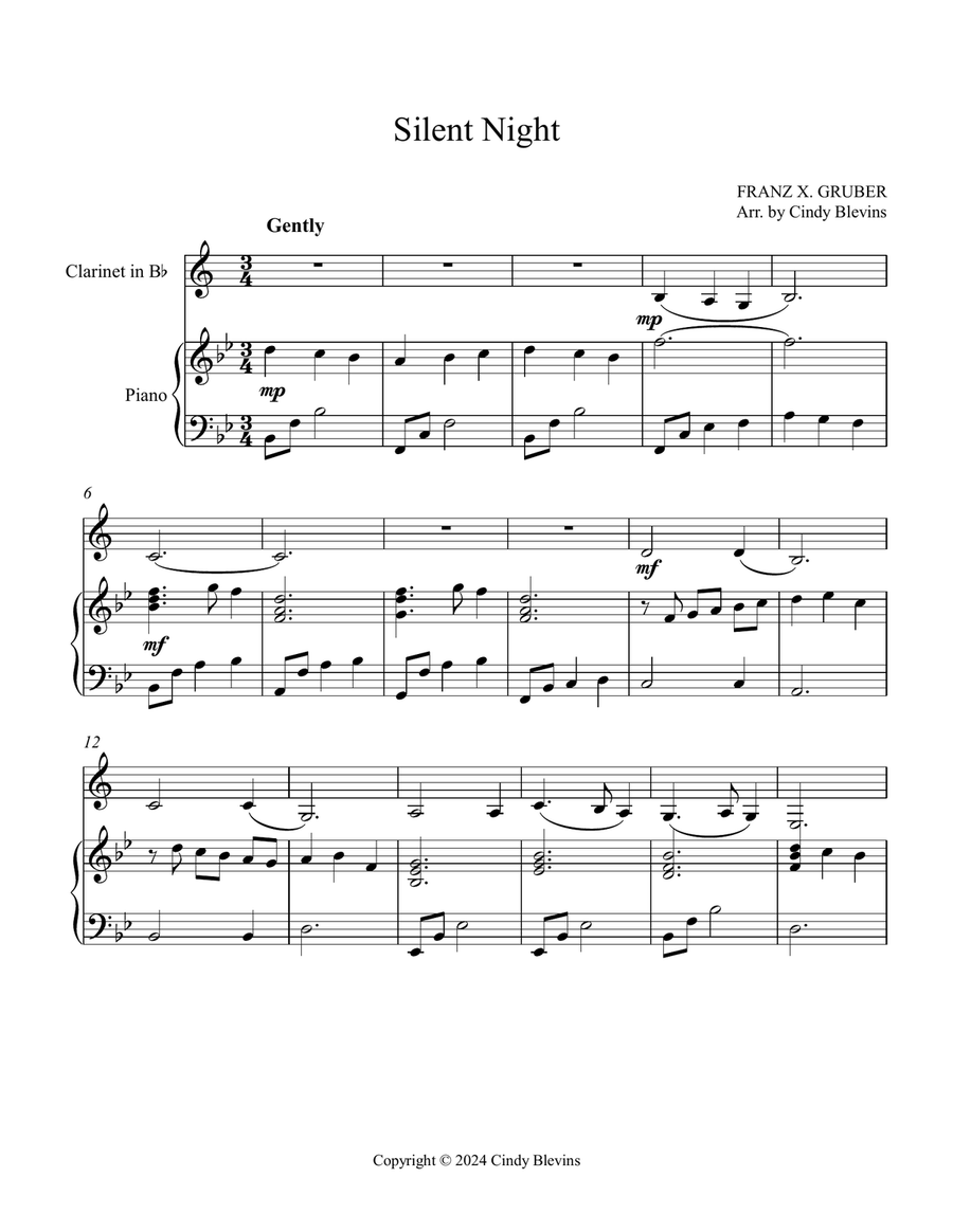 Silent Night, for Piano and Easy Clarinet B-Flat Clarinet scores gallery preview page 2