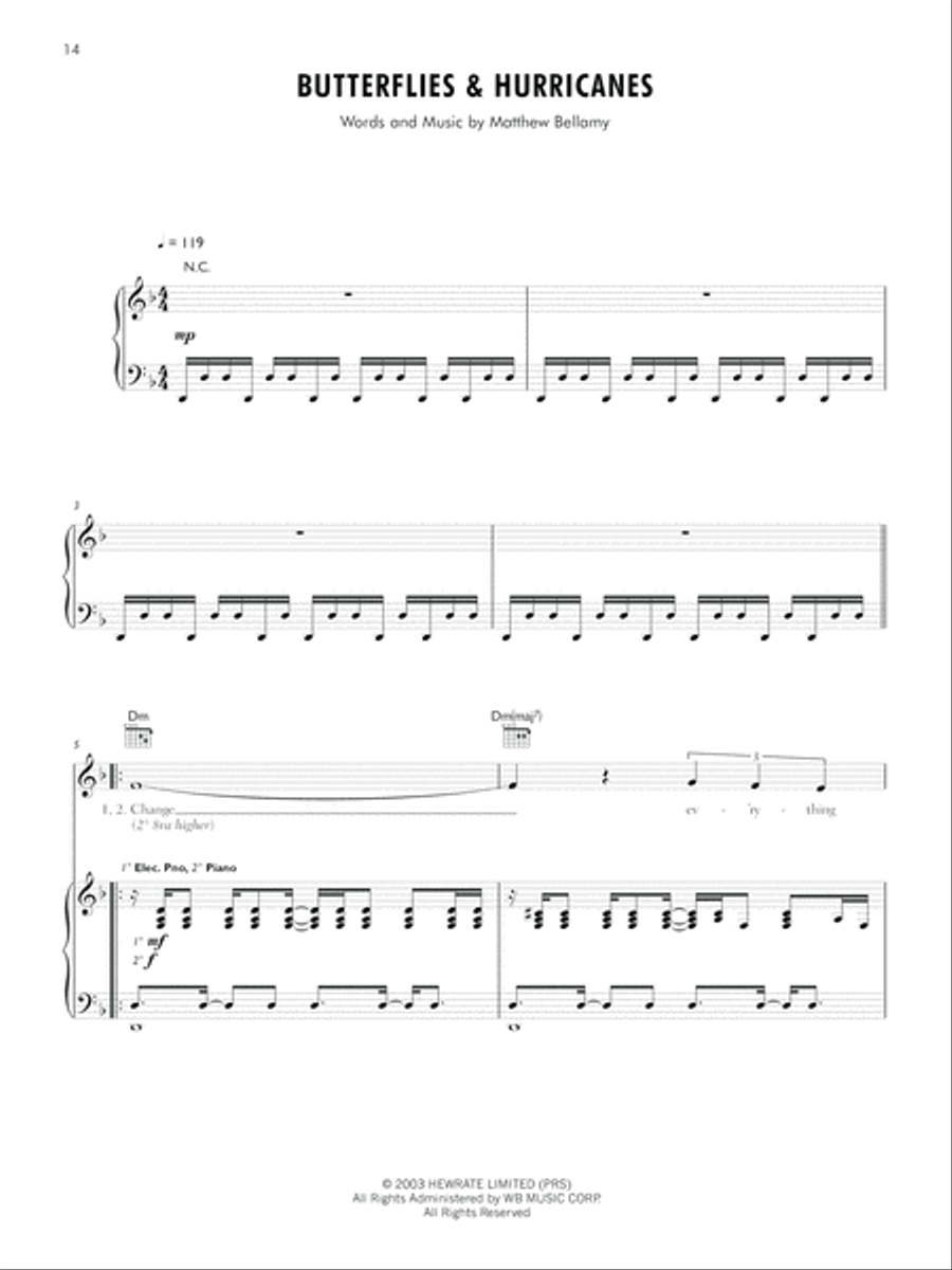 Butterflies & Hurricanes Piano, Vocal, Guitar scores gallery preview page 1