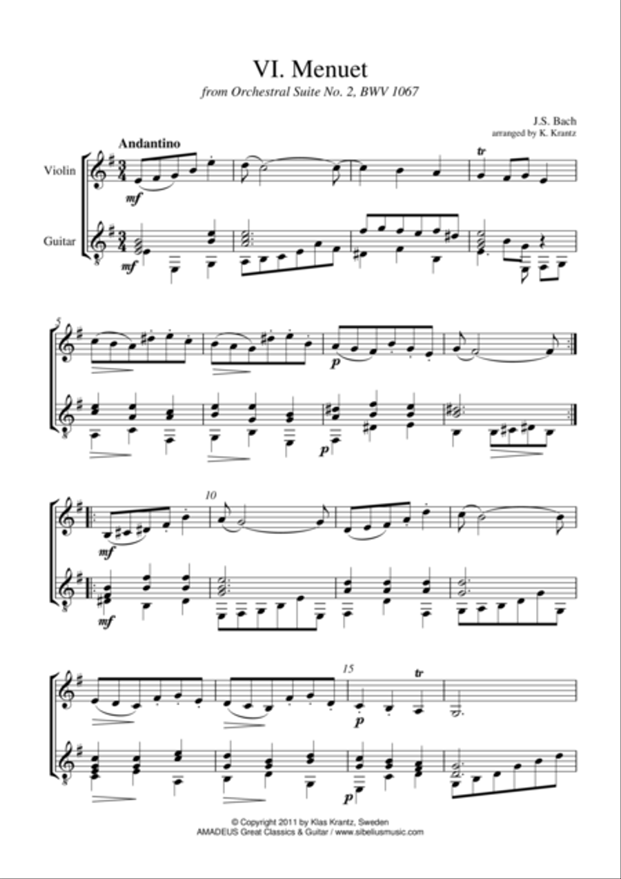 Menuet from Suite No. 2 BWV 1067 for violin and guitar Menuet from Suite No. 2 BWV 1067 for violin and guitar String Duet scores gallery preview page 1