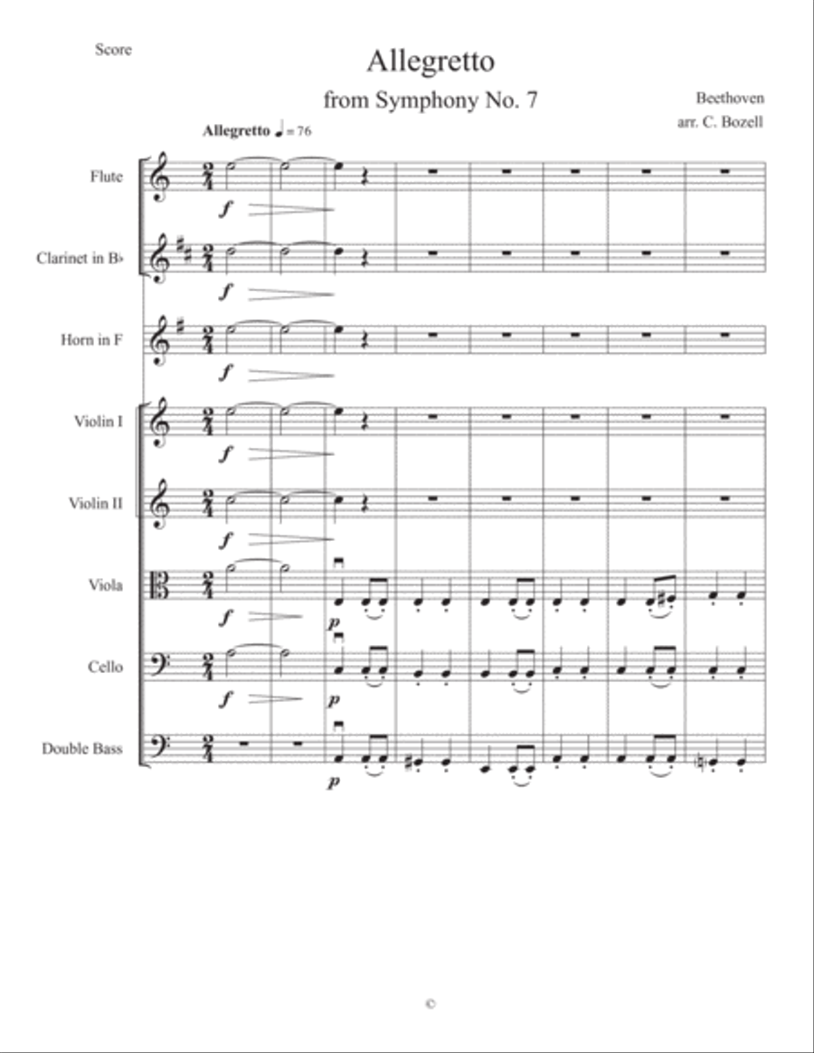 Beethoven Symphony 7, movement 2, abridged Chamber Orchestra scores gallery preview page 1