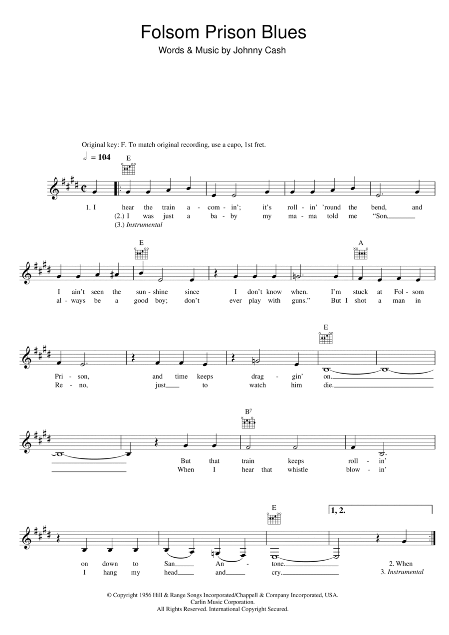 Folsom Prison Blues Piano scores gallery preview page 1