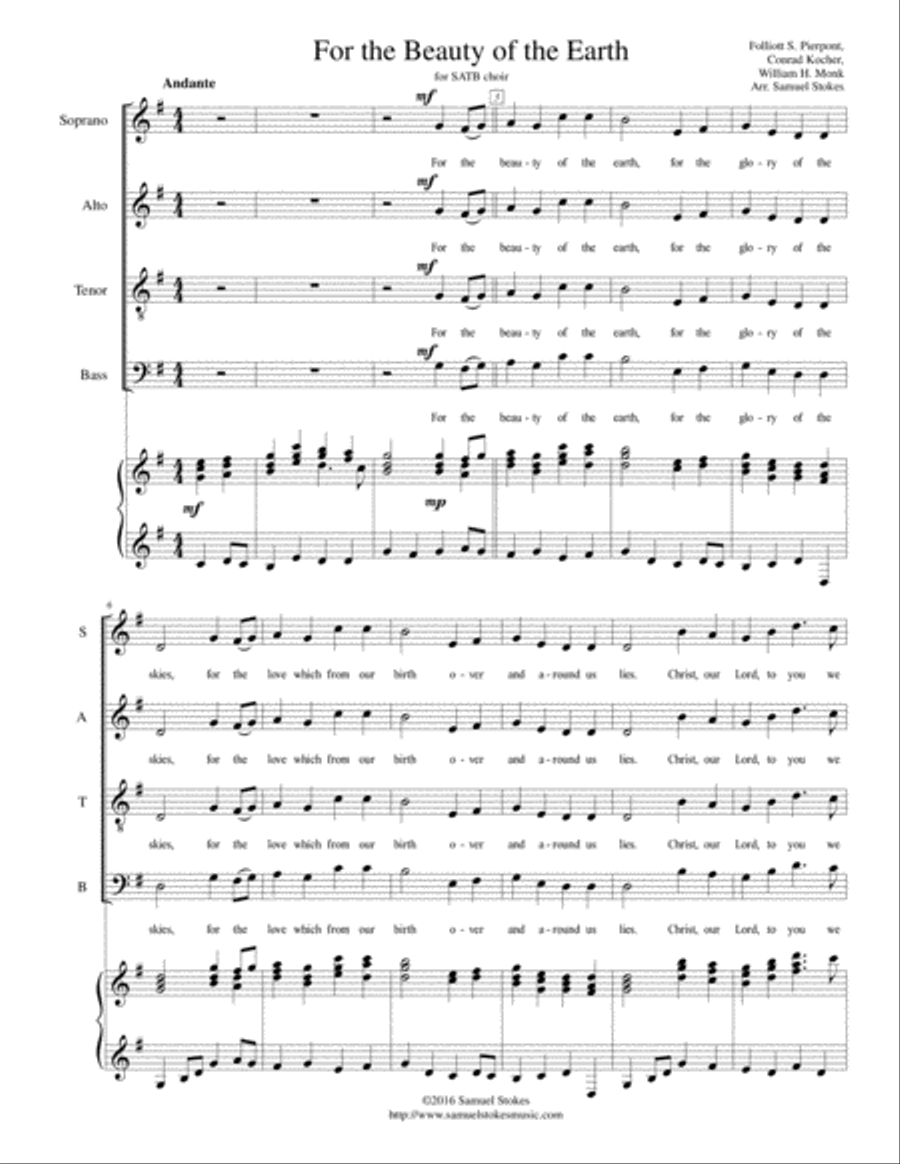 For the Beauty of the Earth - SATB choir with piano accompaniment image number null