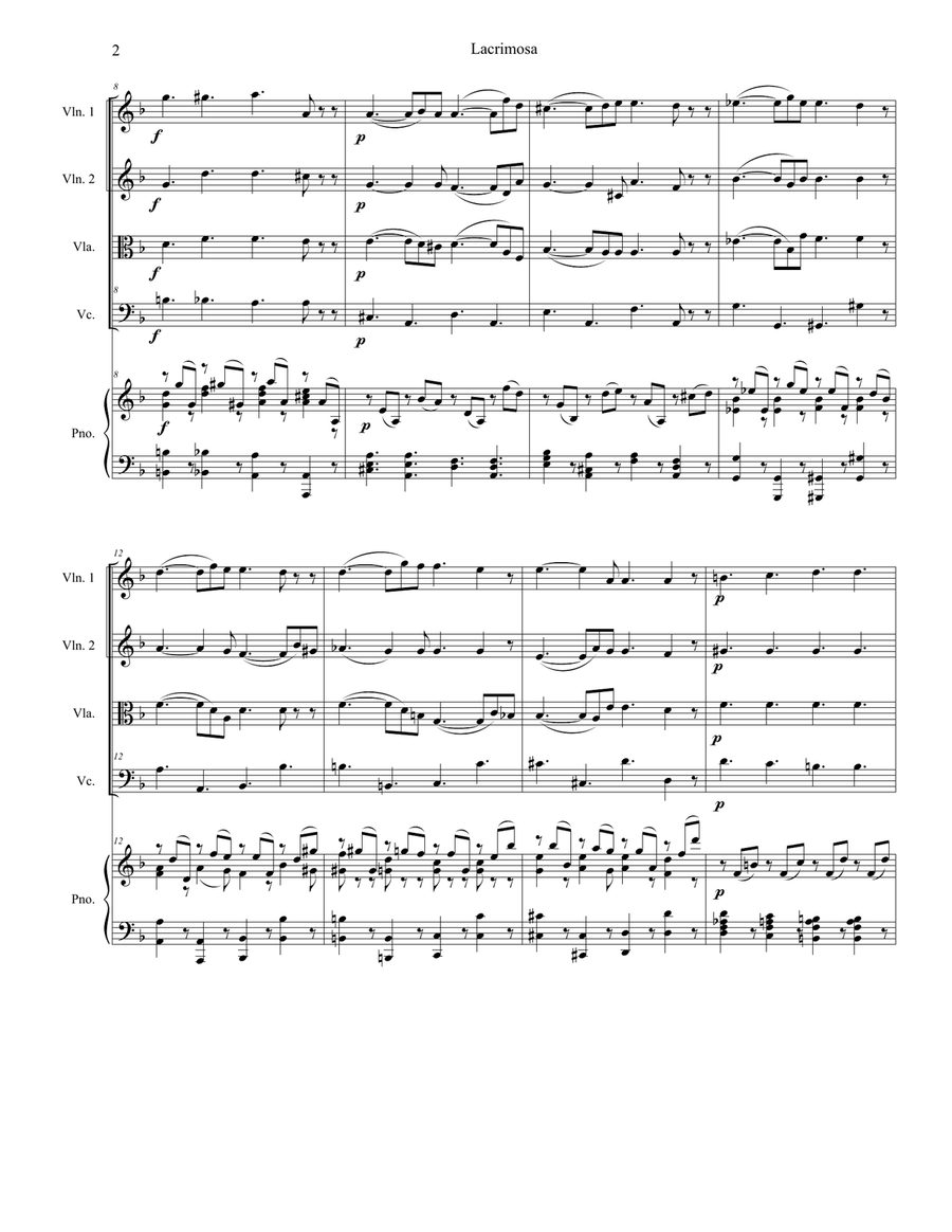 Lacrimosa (String Quartet and Piano) String Quartet scores gallery preview page 2