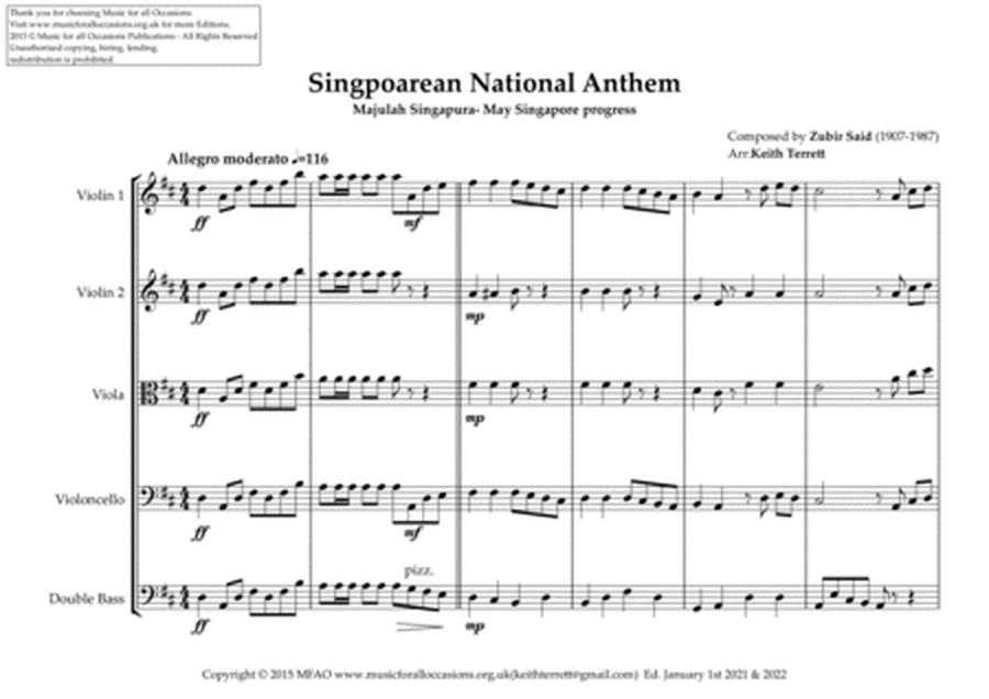 Singaporean National Anthem for String Orchestra (MFAO World National Anthem Series) image number null
