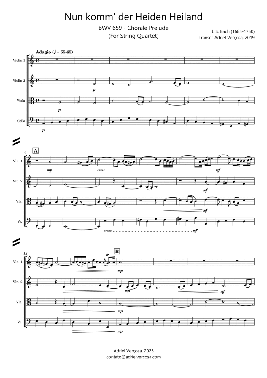 Nun komm' der Heiden Heiland - BWV 659 - Bach Chorale Prelude - String Quartet String Quartet scores gallery preview page 1