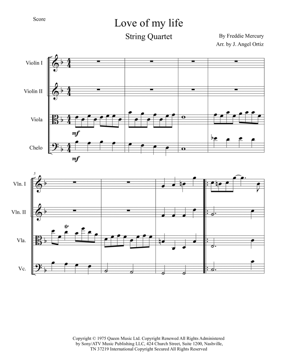 Love Of My Life String Quartet scores gallery preview page 1