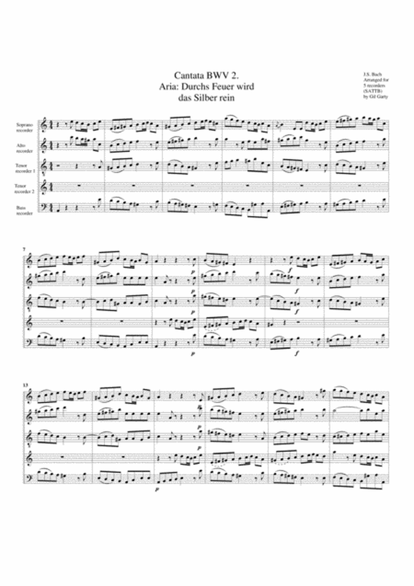 Aria: Durchs Feuer wird das Silber rein from cantata BWV 2 (arrangement for 5 recorders)