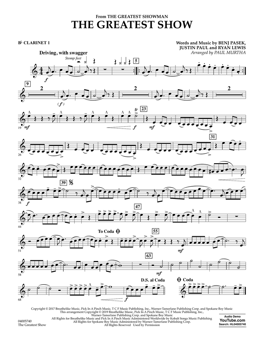 The Greatest Show (arr. Paul Murtha) - Bb Clarinet 1 Concert Band scores gallery preview page 1