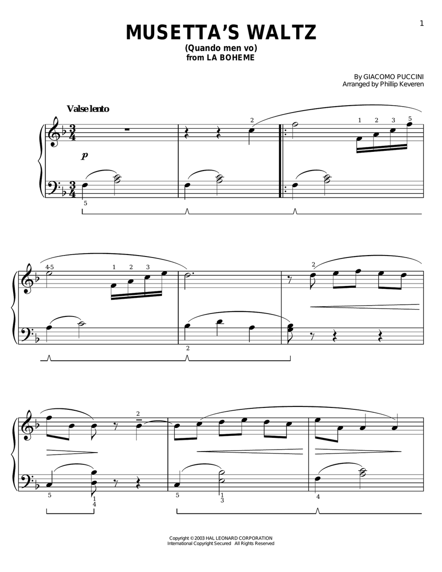 Musetta's Waltz (Quando Men Vo) (from Moonstruck) (arr. Phillip Keveren) Easy Piano scores gallery preview page 1