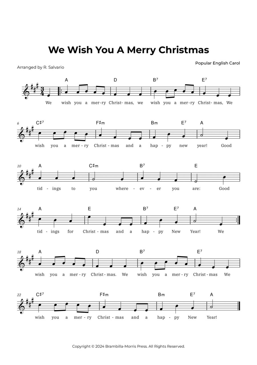 We Wish You a Merry Christmas (Key of A Major) Piano scores gallery preview page 1
