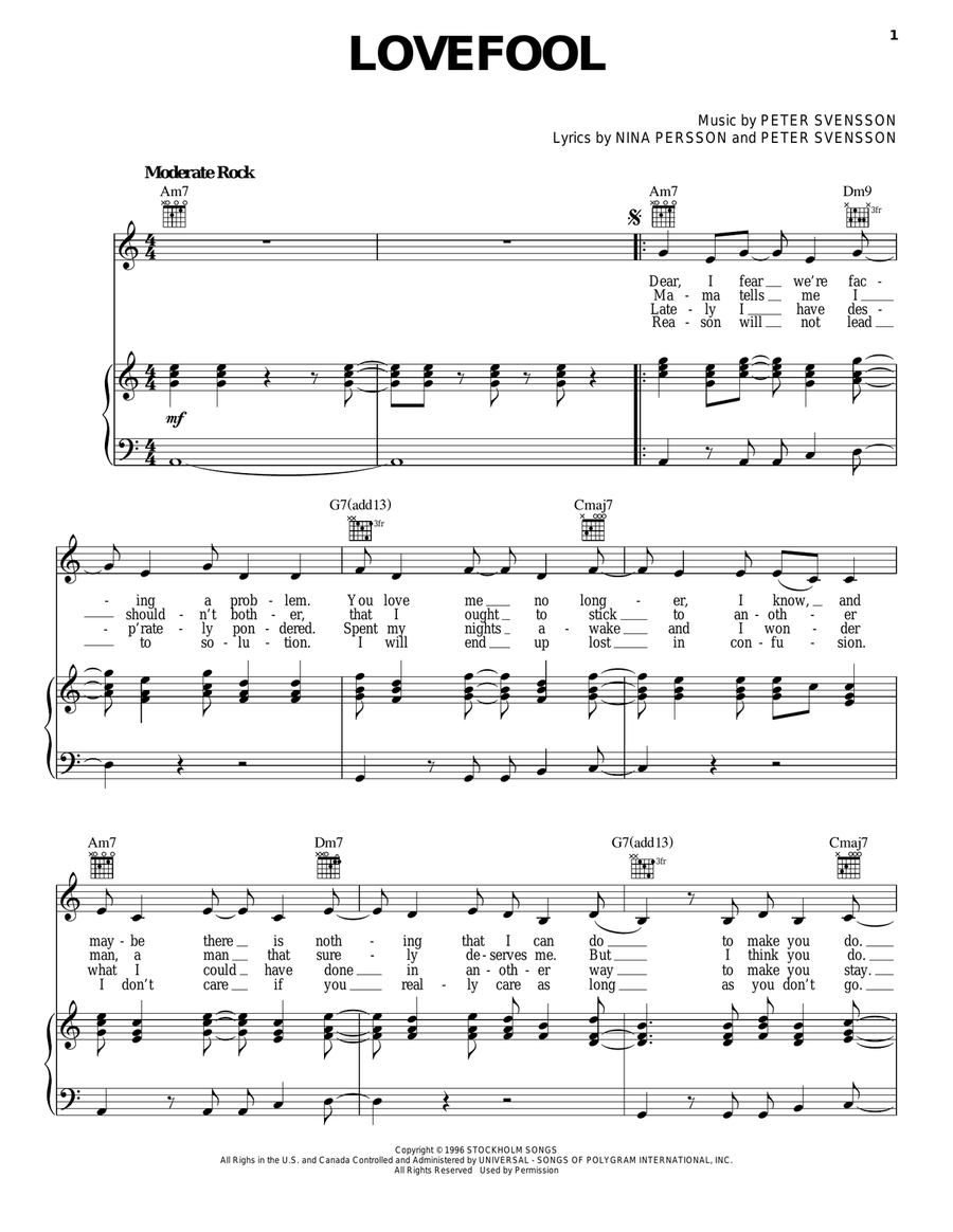Lovefool Piano, Vocal, Guitar scores gallery preview page 1