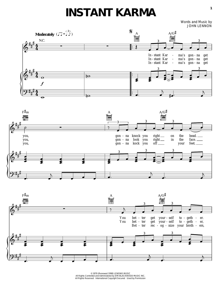 Instant Karma Piano, Vocal, Guitar scores gallery preview page 1
