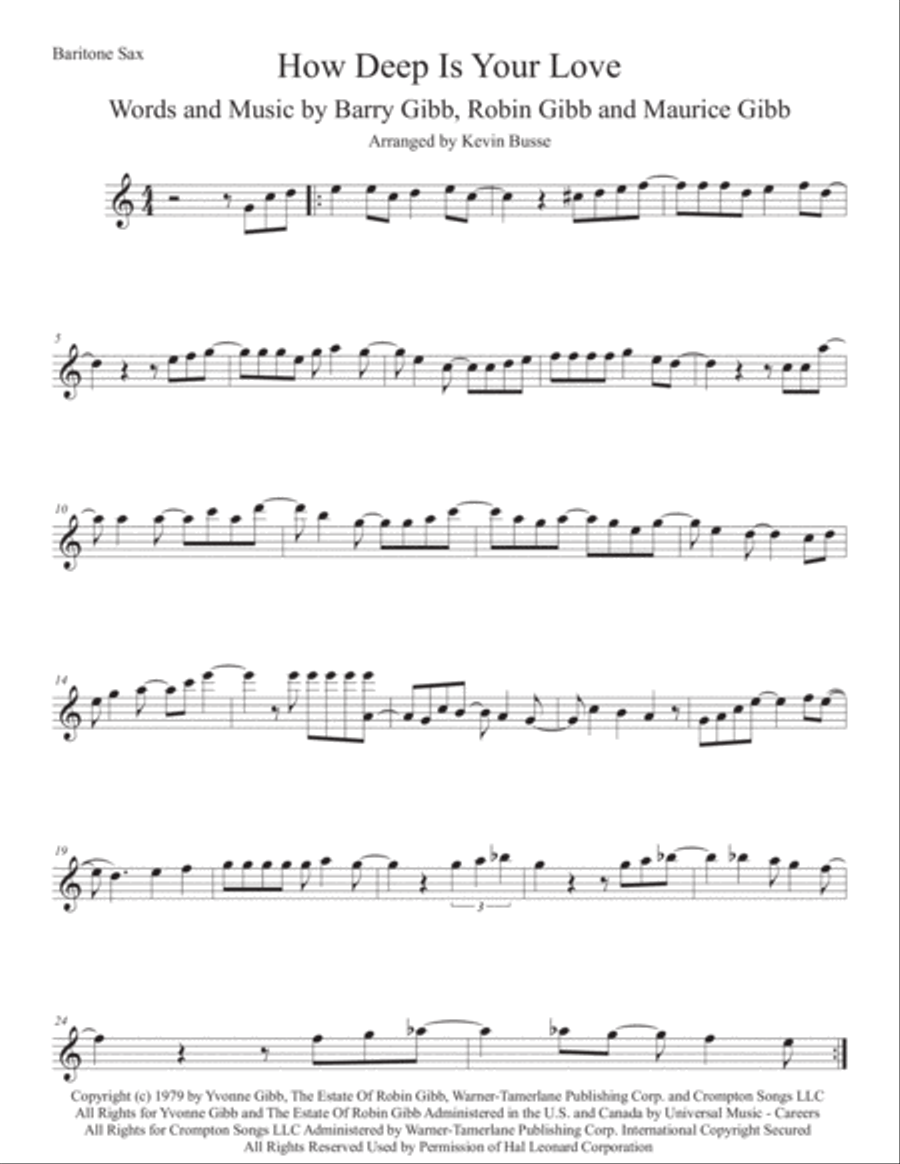 How Deep Is Your Love from the Motion Picture SATURDAY NIGHT FEVER Baritone Saxophone scores gallery preview page 1