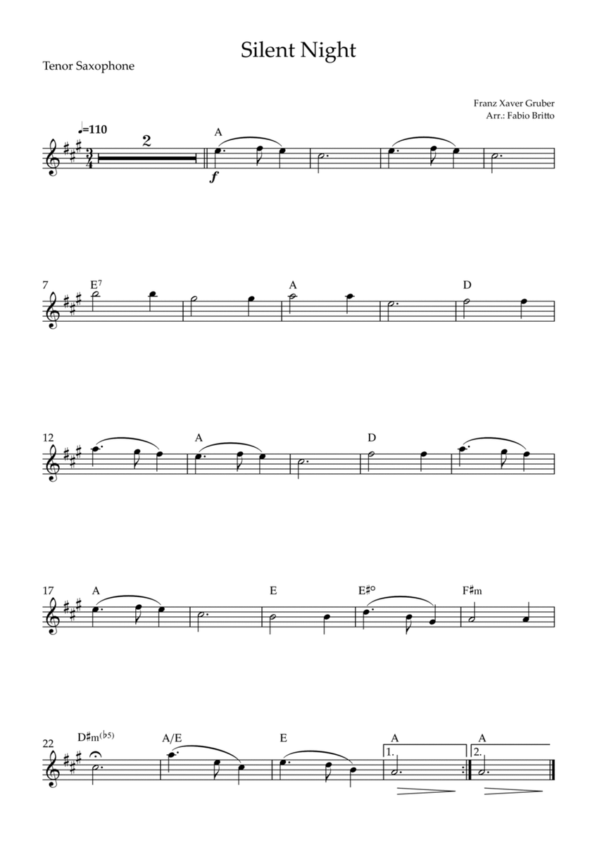 Silent Night (Christmas Song) for Tenor Saxophone Solo with Chords