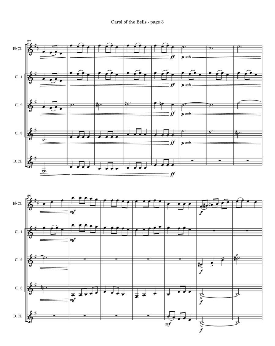 Carol of the Bells for Clarinet Quintet or Choir Choir scores gallery preview page 3