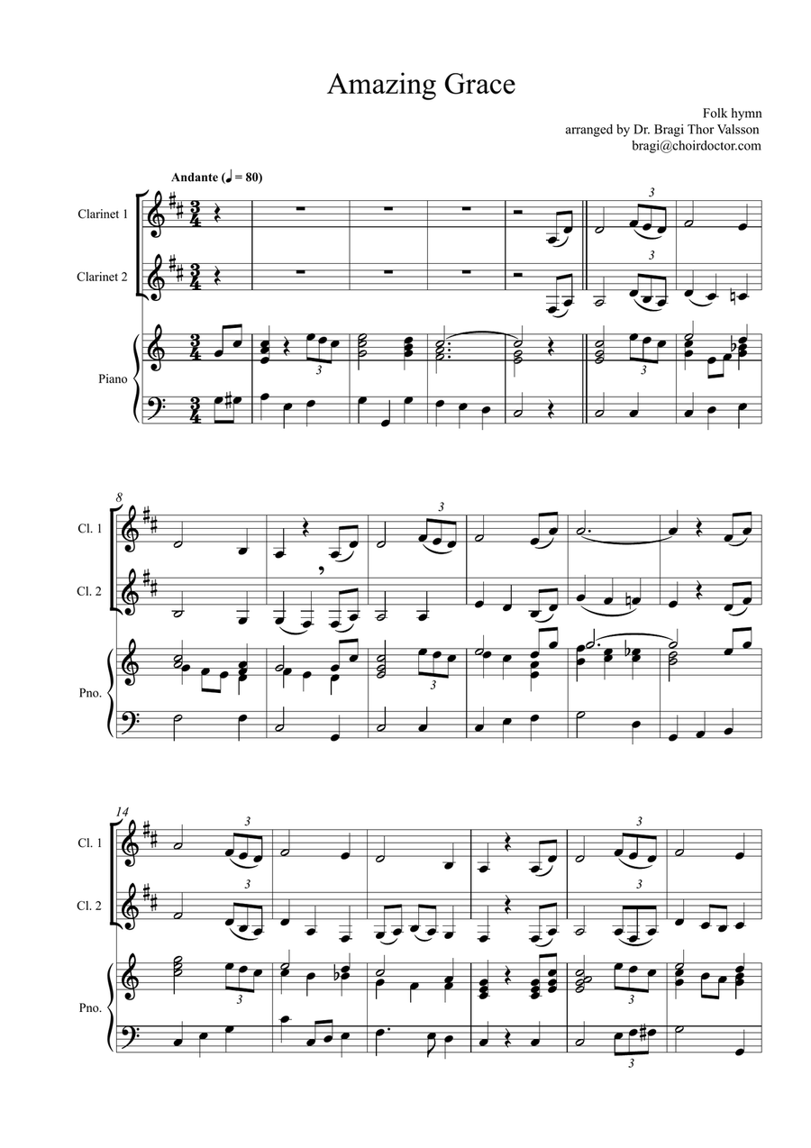 Amazing Grace - Two Clarinets with Piano accompaniment Clarinet Duet scores gallery preview page 2