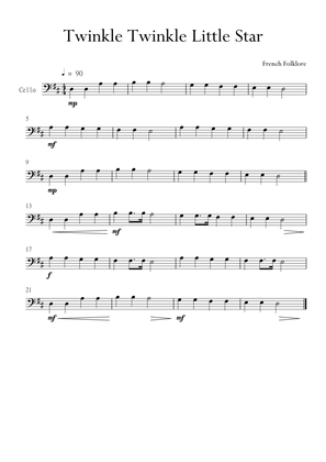 Twinkle Twinkle Little Star for Cello (Violoncello) in D Major. Very Easy.