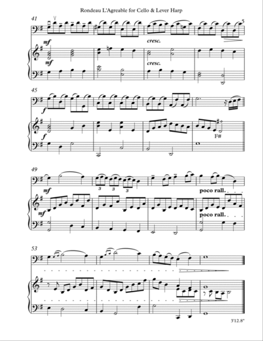 Rondeau L’Agreable, Duet for Cello & Lever Harp String Duet scores gallery preview page 5