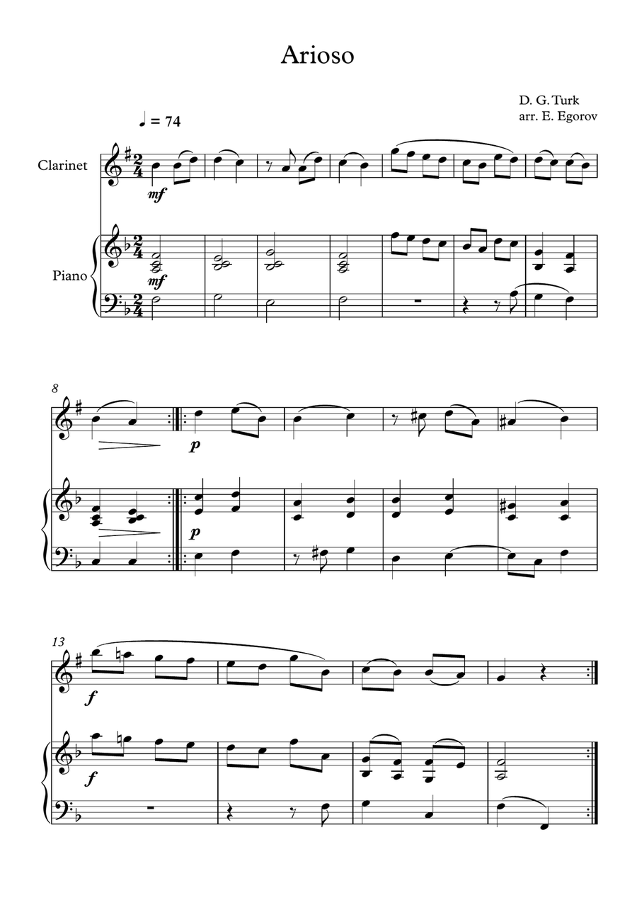 Arioso, Daniel Gottlob Turk, For Clarinet & Piano Clarinet Solo scores gallery preview page 1