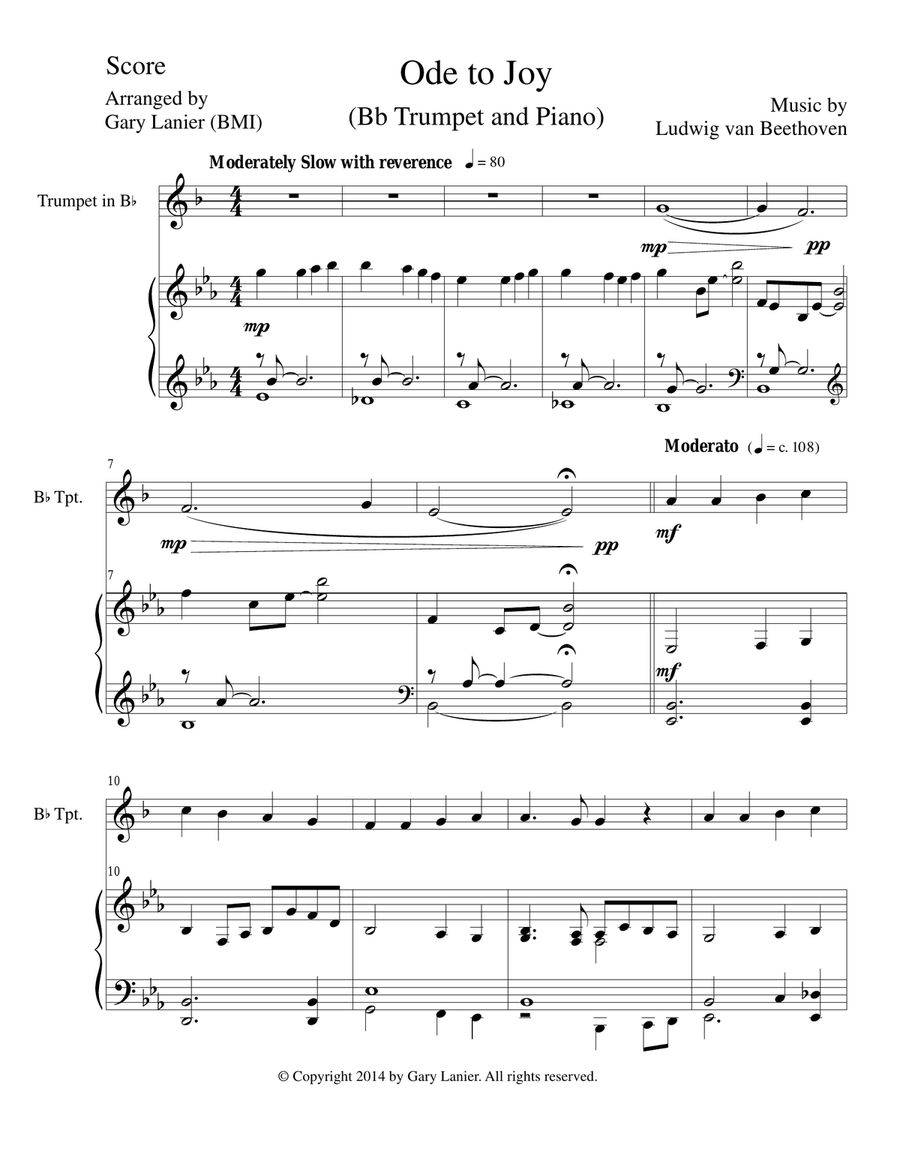 ODE TO JOY (Joyful, Joyful, We Adore Thee), Bb Trumpet & Piano (Score & Parts included) image number null