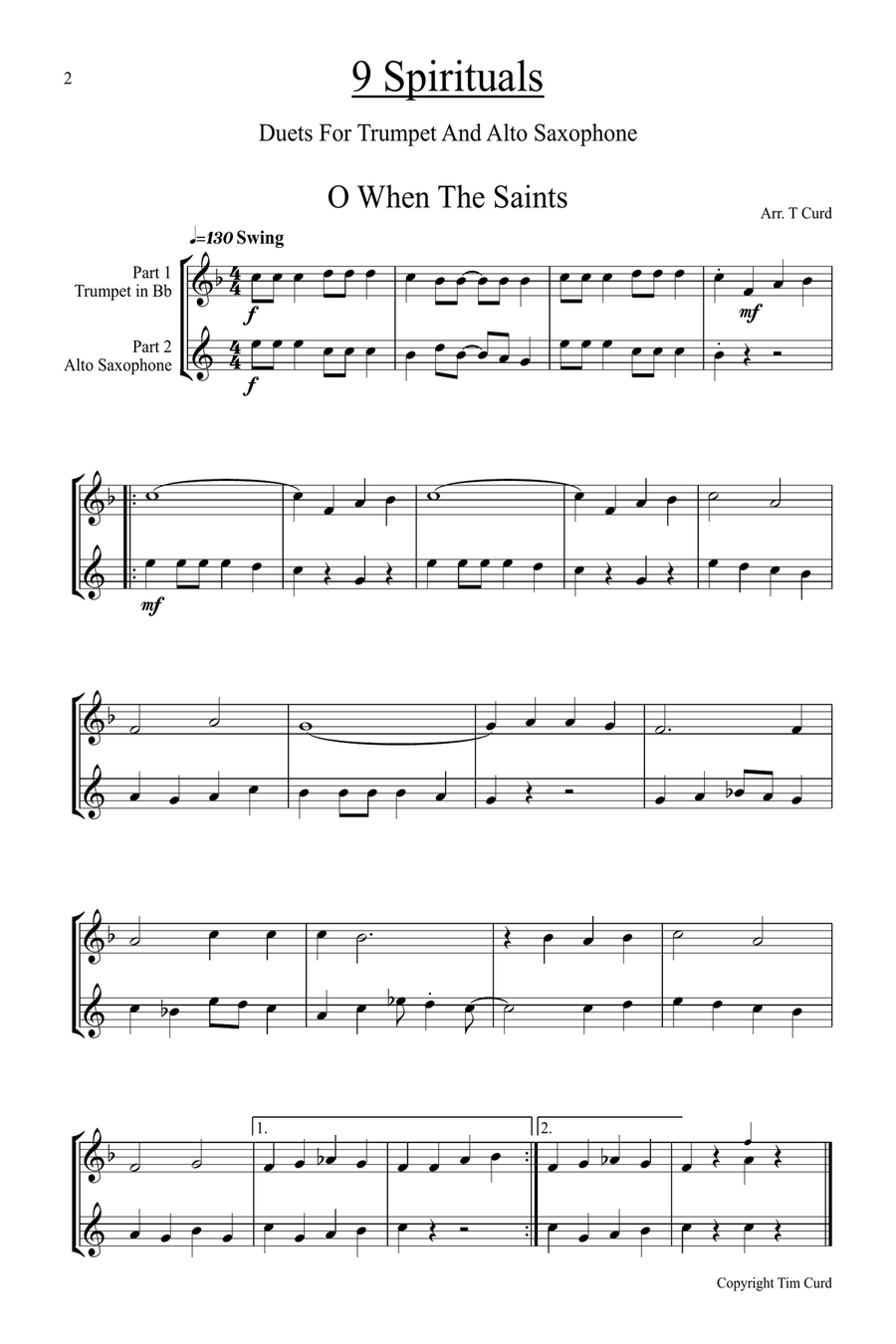 9 Spirituals, Duets For Trumpet And Alto Saxophone Alto Saxophone scores gallery preview page 2