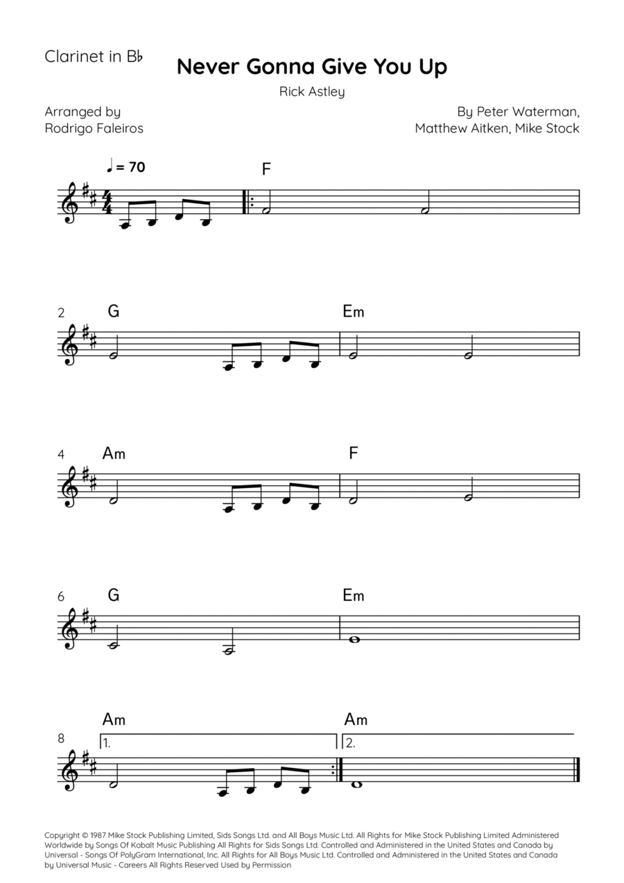 Never Gonna Give You Up Never Gonna Give You Up B-Flat Clarinet scores gallery preview page 1