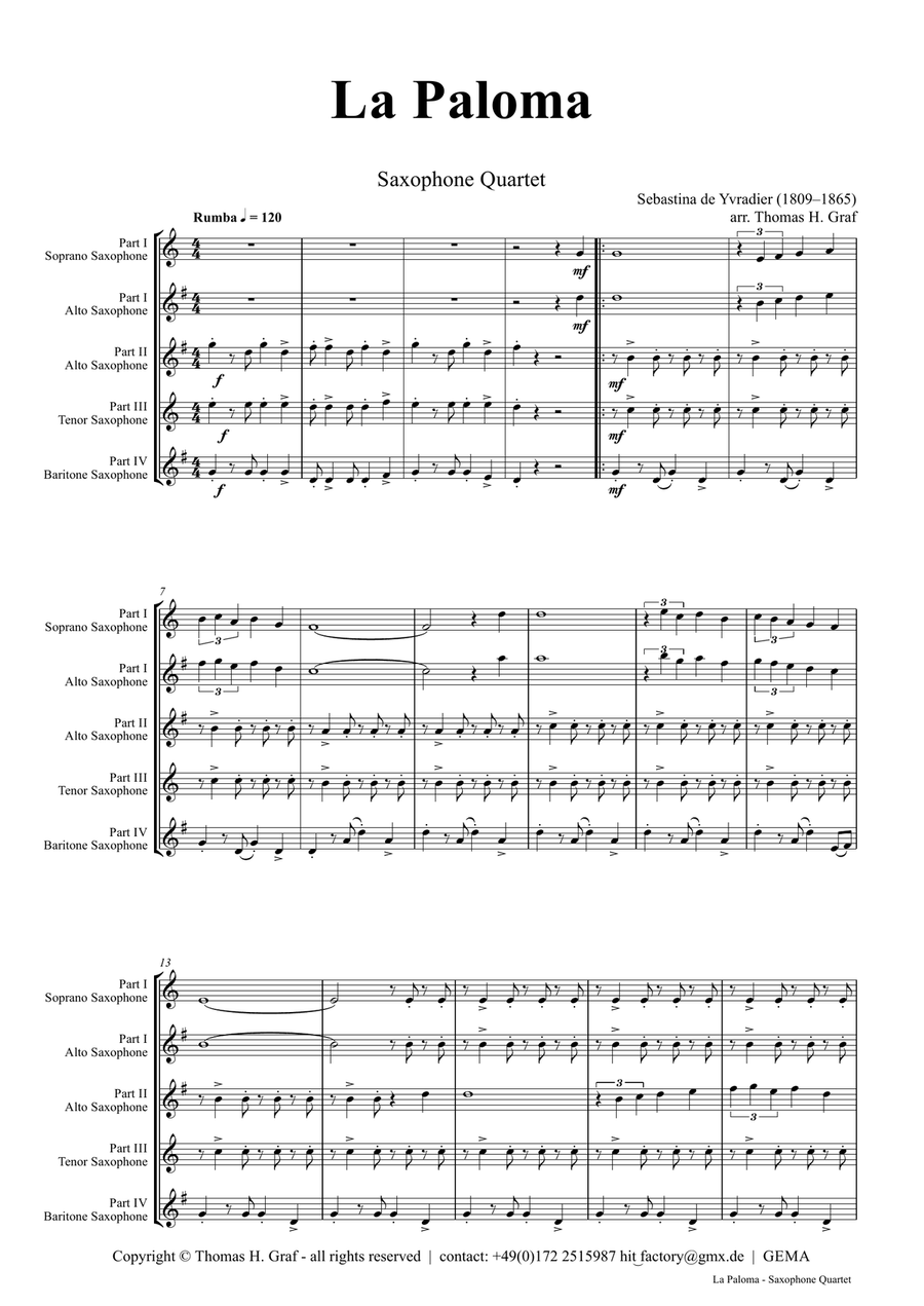 La Paloma - Spanish Habanera - Saxophone Quartet H - Arrangement: Thomas H. Graf Saxophone Quartet scores gallery preview page 1