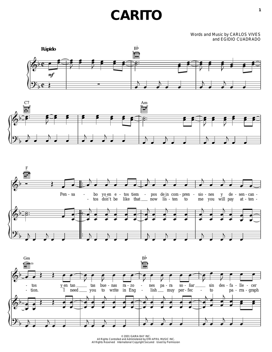 Carito Carito Piano, Vocal, Guitar scores gallery preview page 1