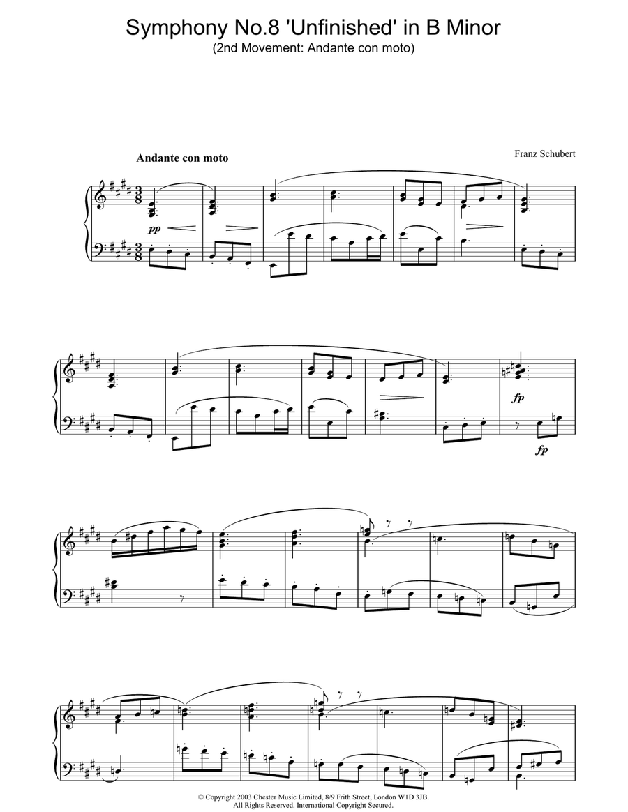 Symphony No.8 'Unfinished' in B Minor - 2nd Movement: Andante con moto Piano Solo scores gallery preview page 1